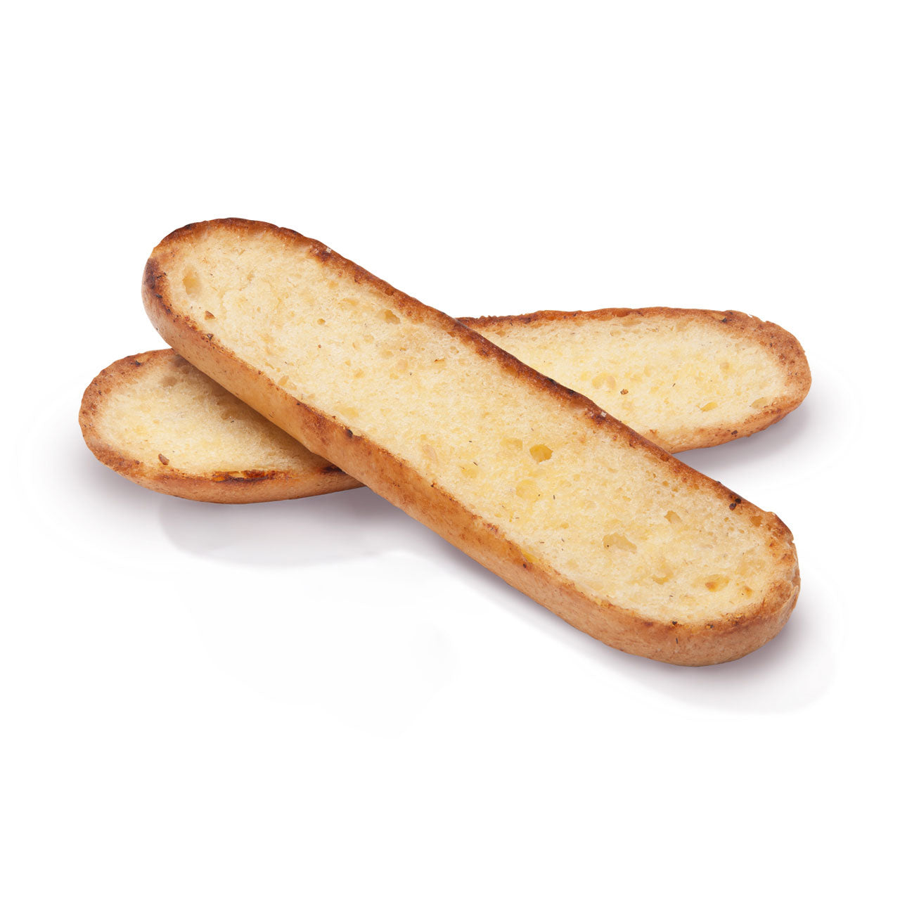 Two toasted garlic bread sticks with golden-brown crusts and pale beige interiors, arranged in a crossed stack on a white background.