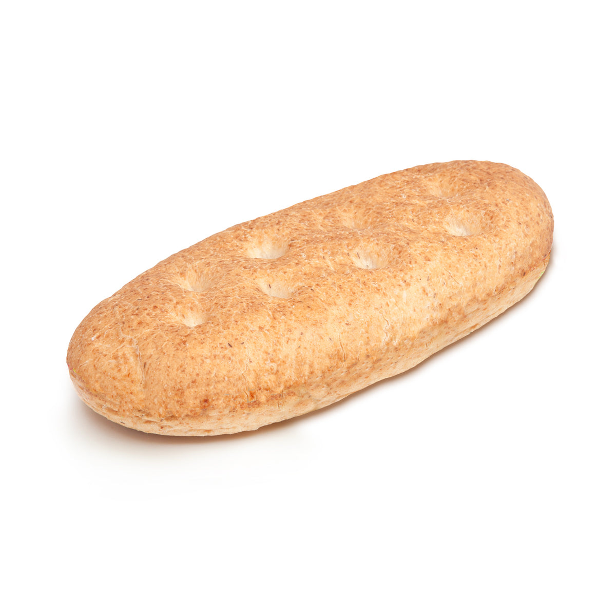 A single rustic Turkish pide with a golden-brown crust and dimples on top, isolated on a white background.