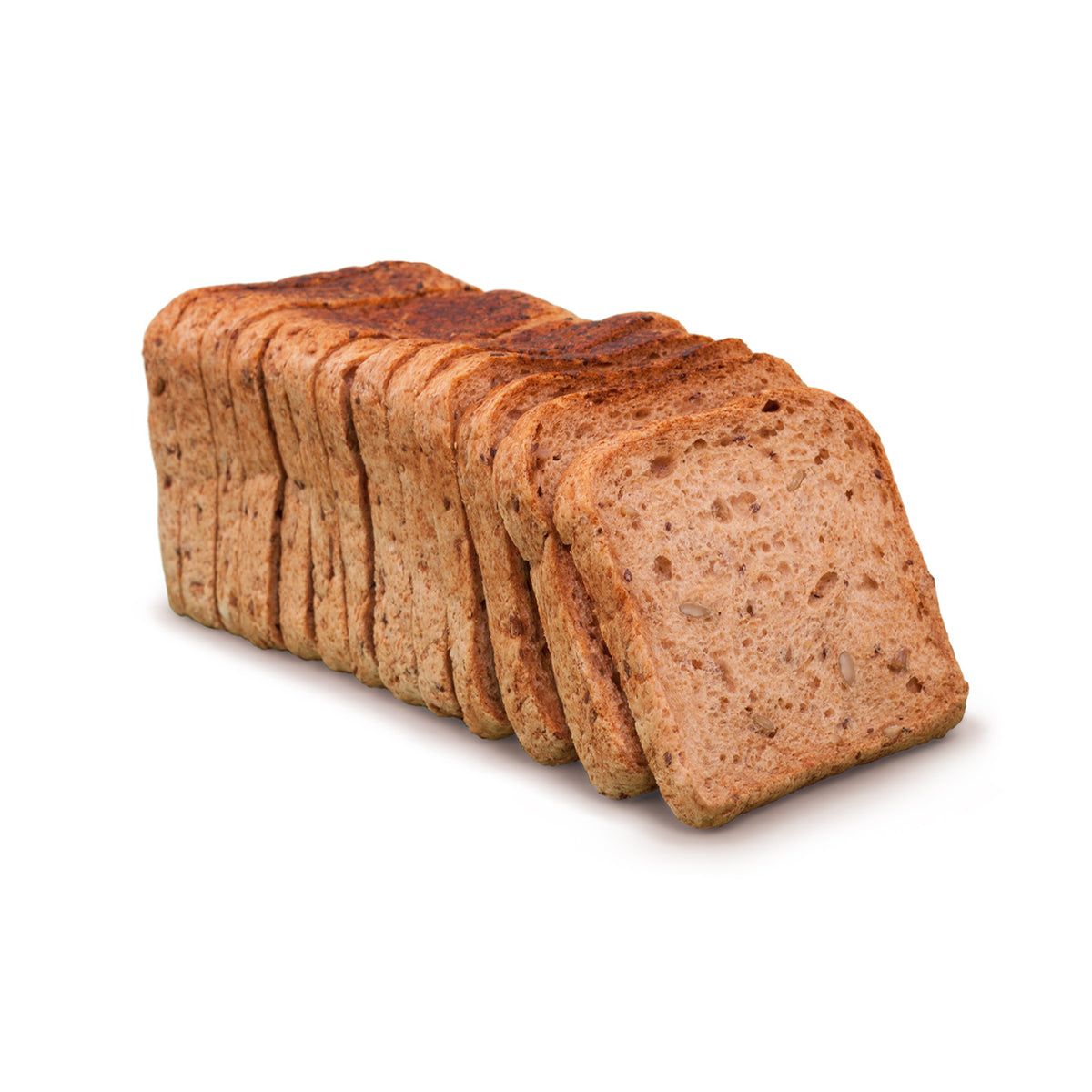 A stack of sliced seeded loaf bread on a clean white background.
