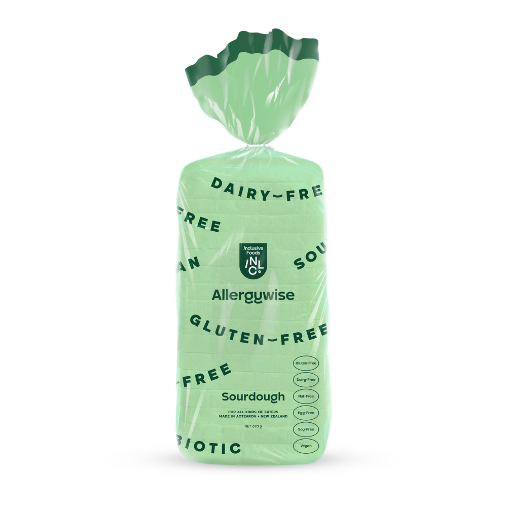 A package of Allergywise Sourdough bread in a light mint green bag with dark green text, shown on a solid white background.