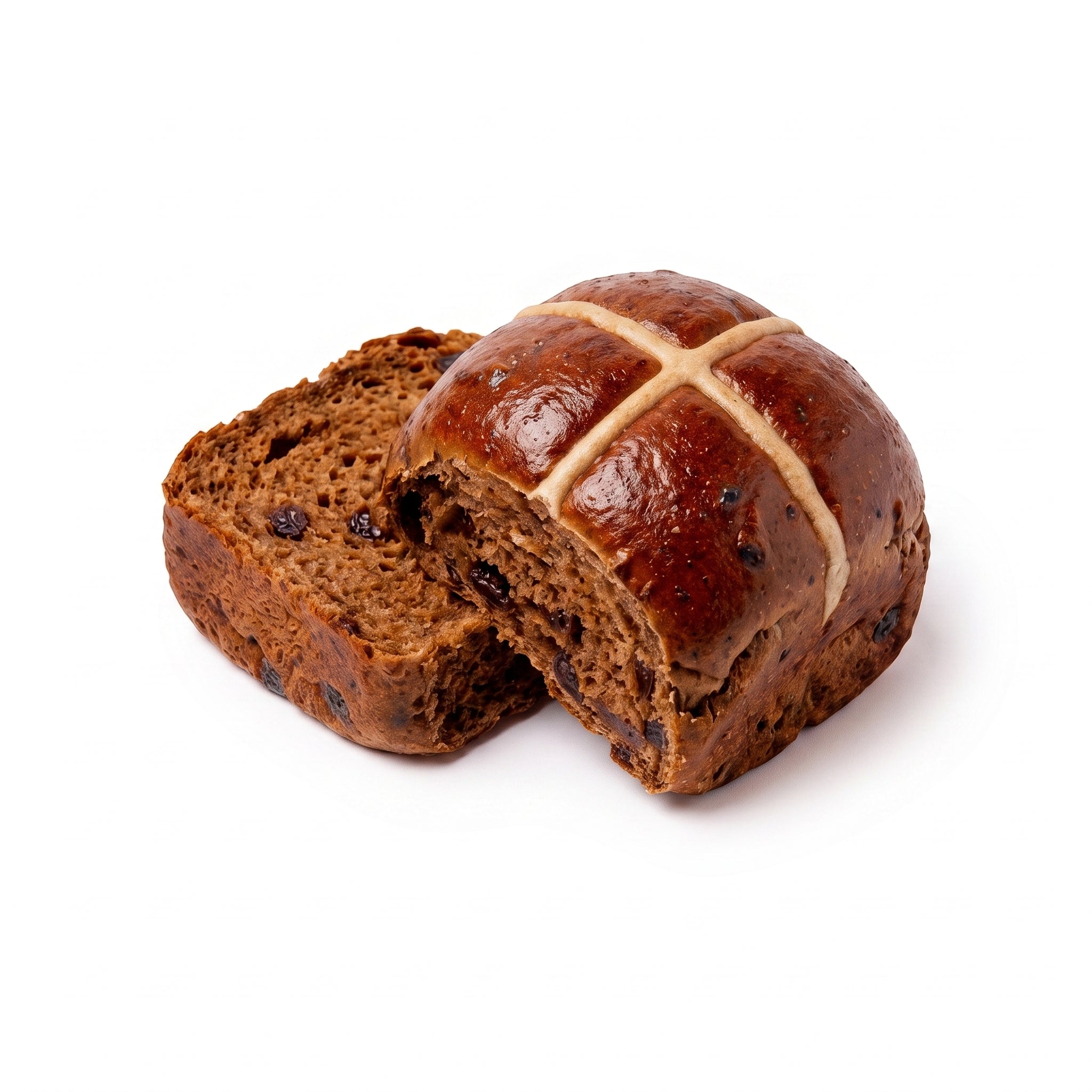A hot cross bun on a plain white background.