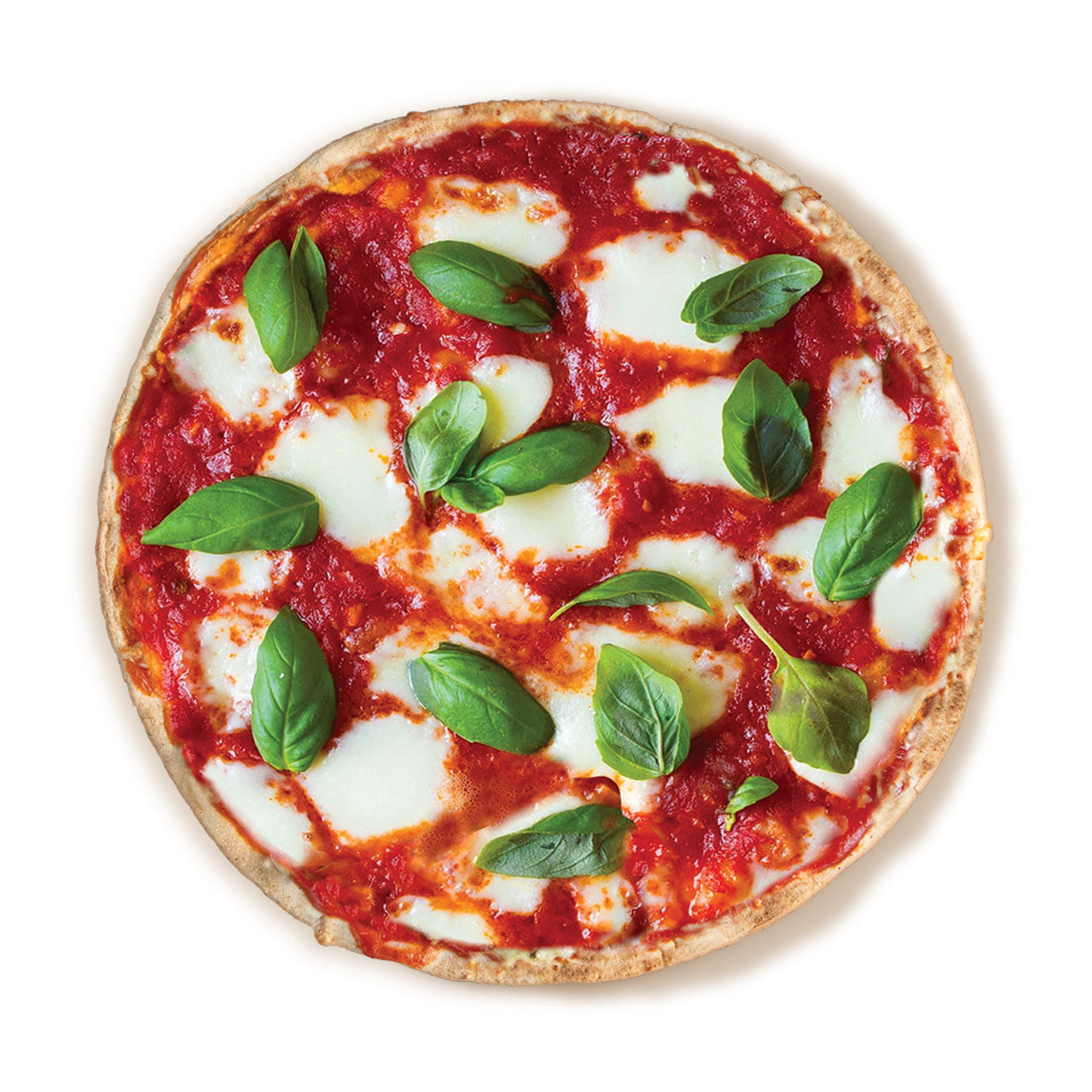 A top-down view of a fresh large pizza with tomato sauce, melted white cheese, and green basil leaves on a white background.