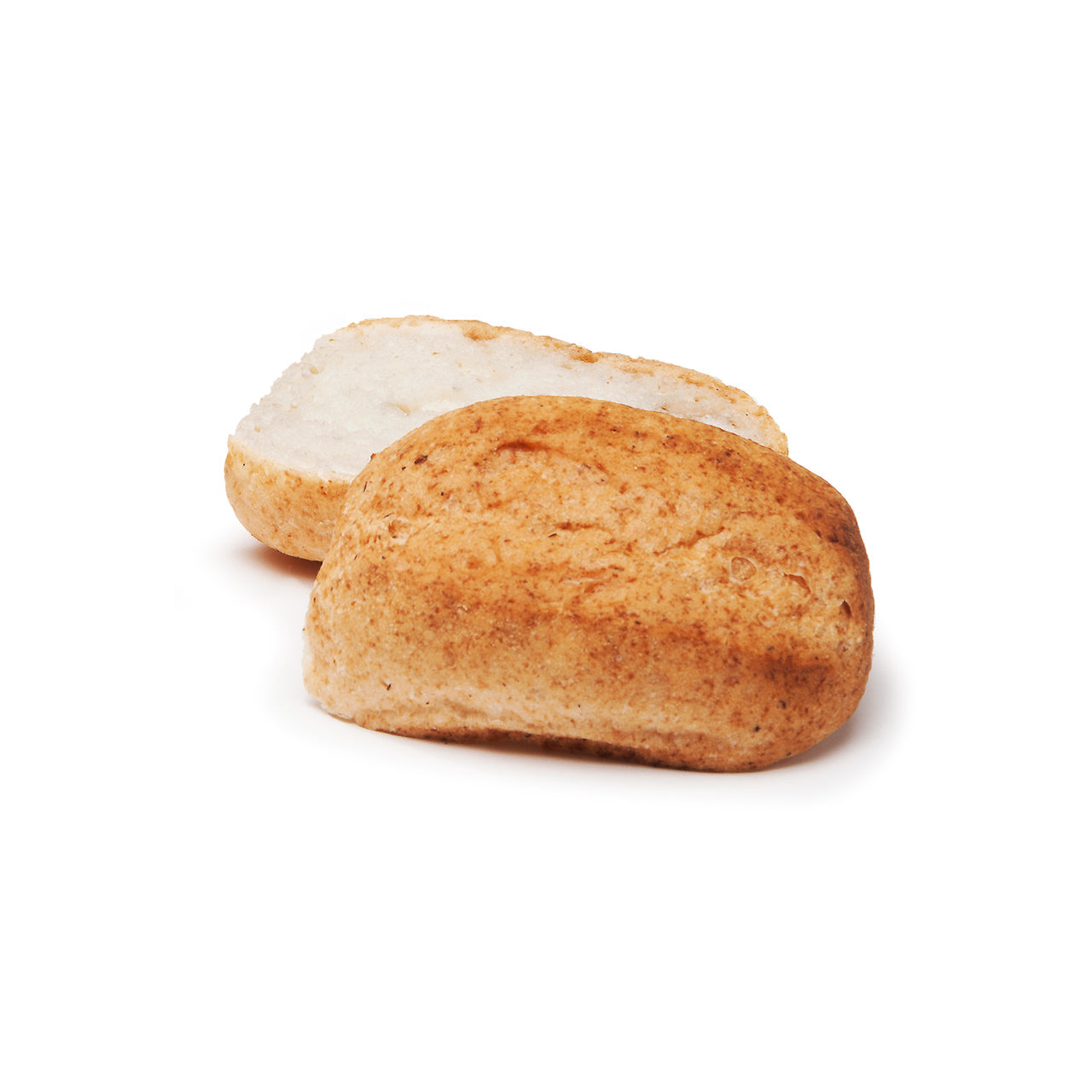 A white bread roll with a golden-brown crust and pale interior, photographed on a clean white background.