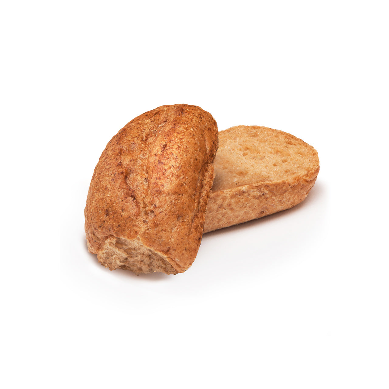 A rustic brown bread roll on a clean white background.