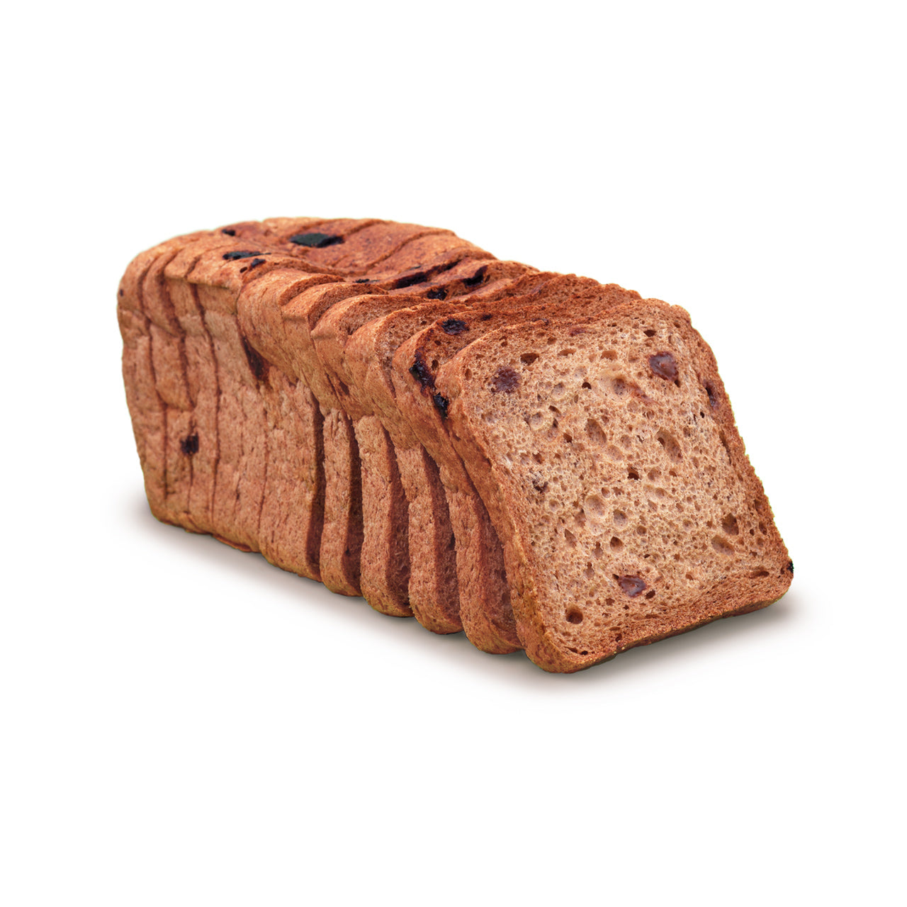 A loaf of sliced fruit loaf bread with visible dark fruit pieces, photographed on a clean white background.