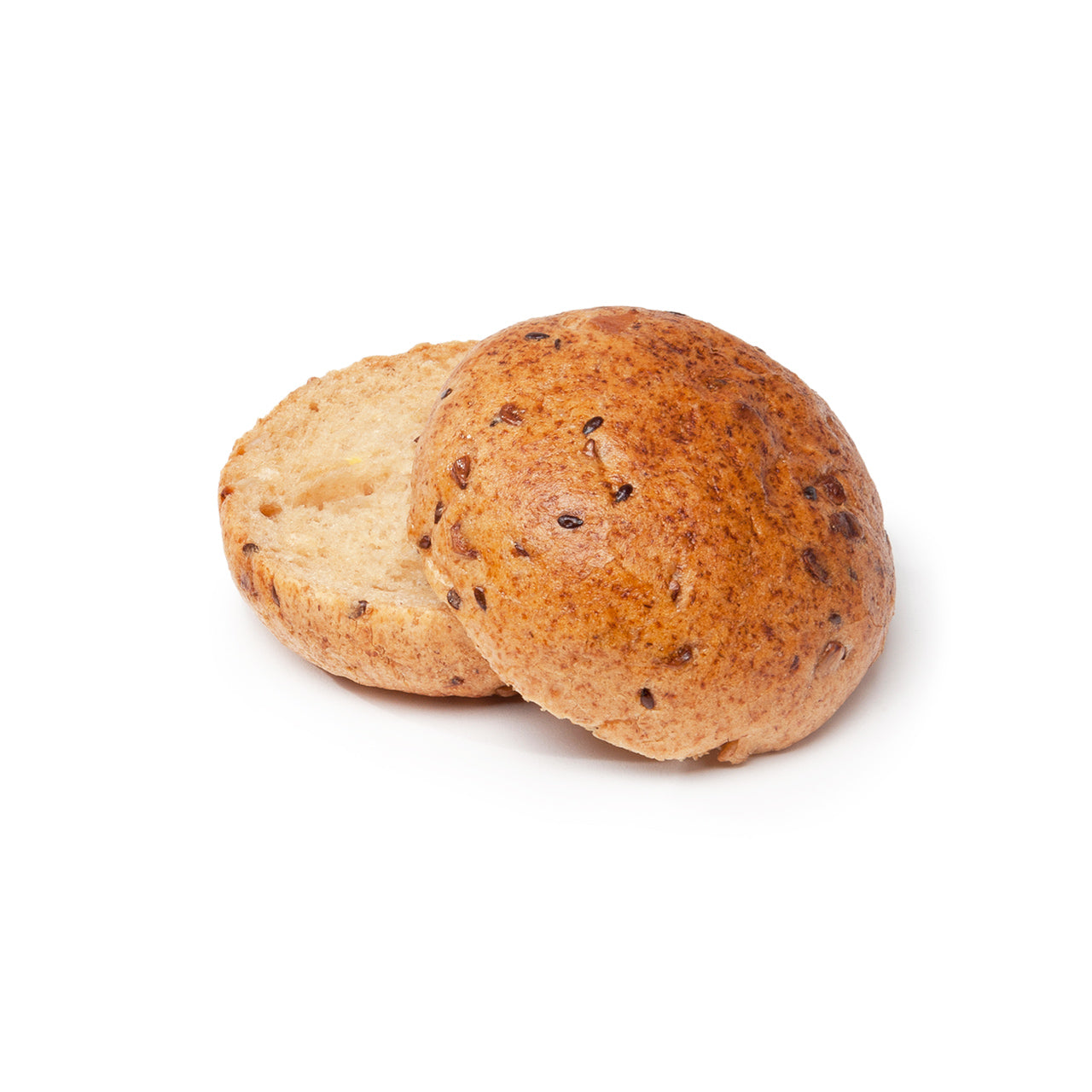 Small seeded bun on a plain white background, roll standing upright on a white background.