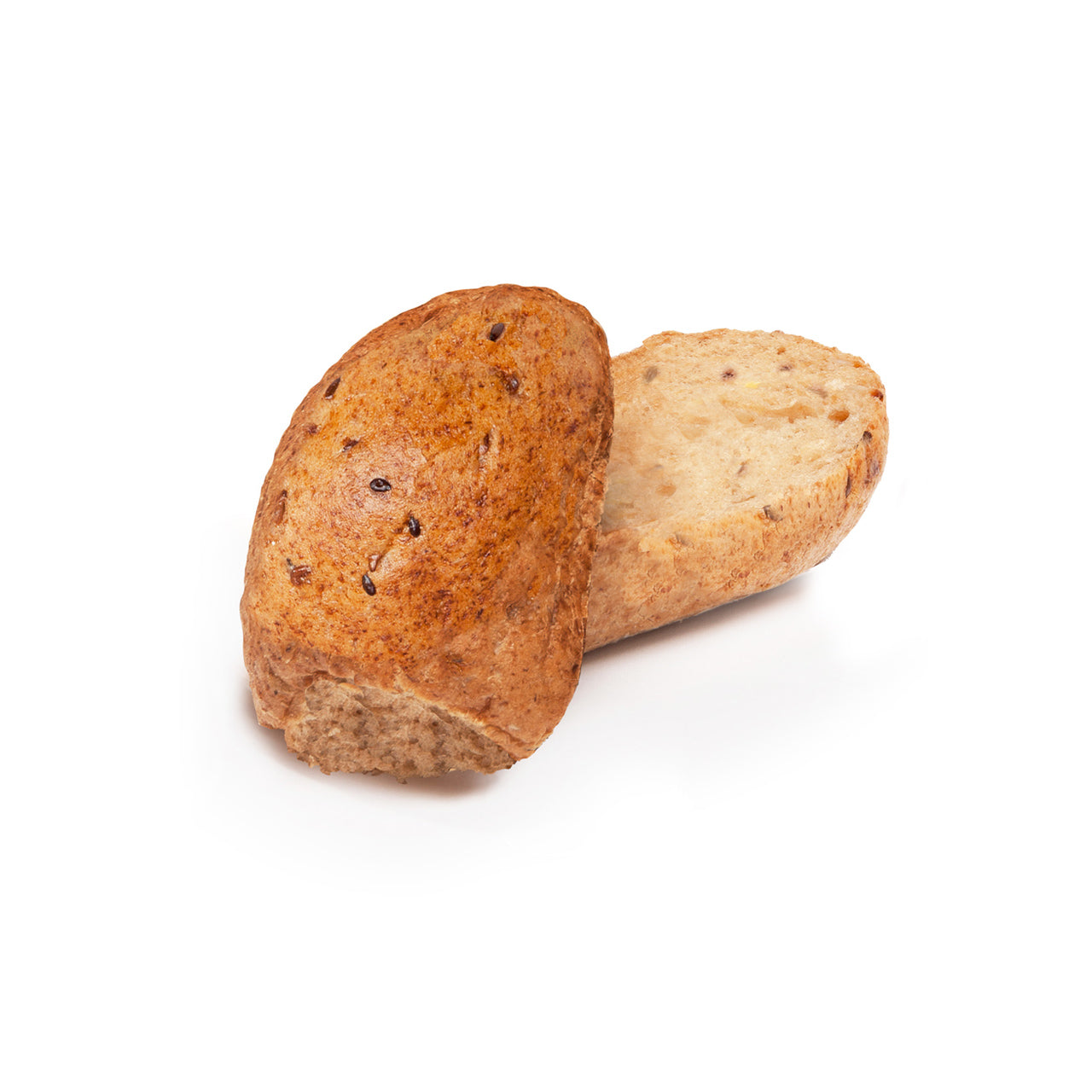 A rustic seeded bread roll on a clean white background, with one piece sliced to show the crumb texture.