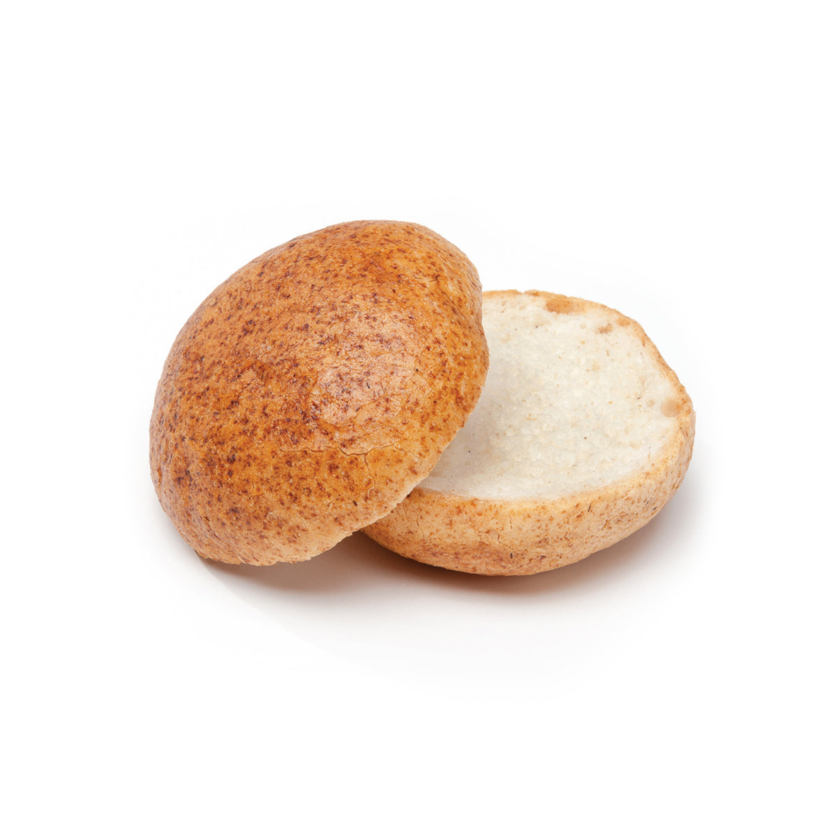 A split white hamburger bun with a golden-brown, speckled crust on one half and a soft, pale interior on the other, isolated on a white background.