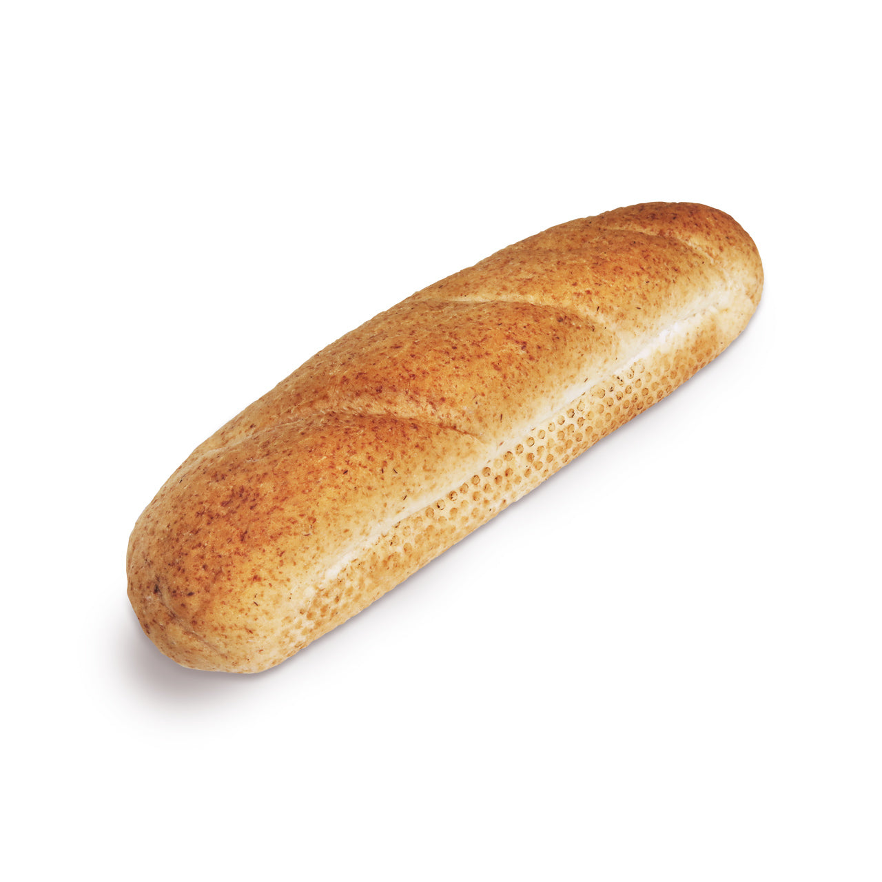 A single rustic baguette bread stick with a golden-brown crust and lighter cream-colored scoring, isolated on a white background.