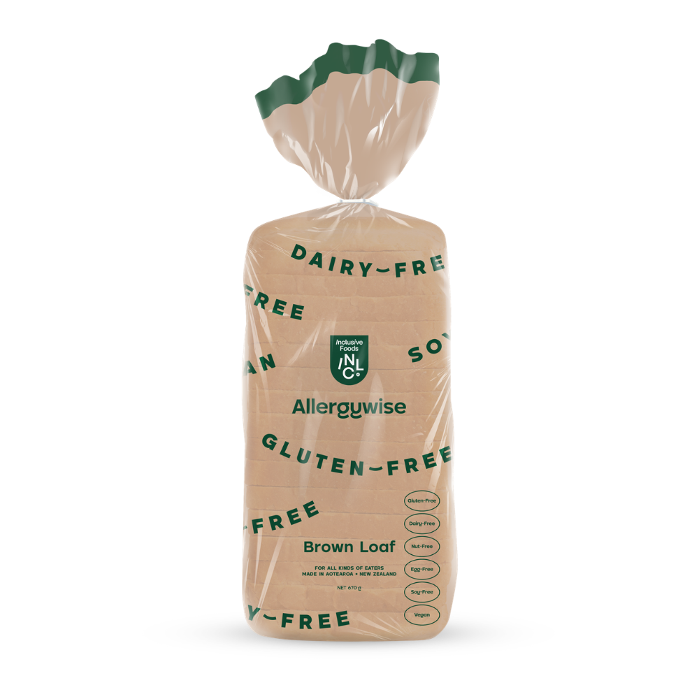 A packaged loaf of Allergywise Brown bread, sealed in clear plastic with a green-topped header, shown on a plain white background.